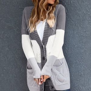 Gray and White Striped Knit Cardigan